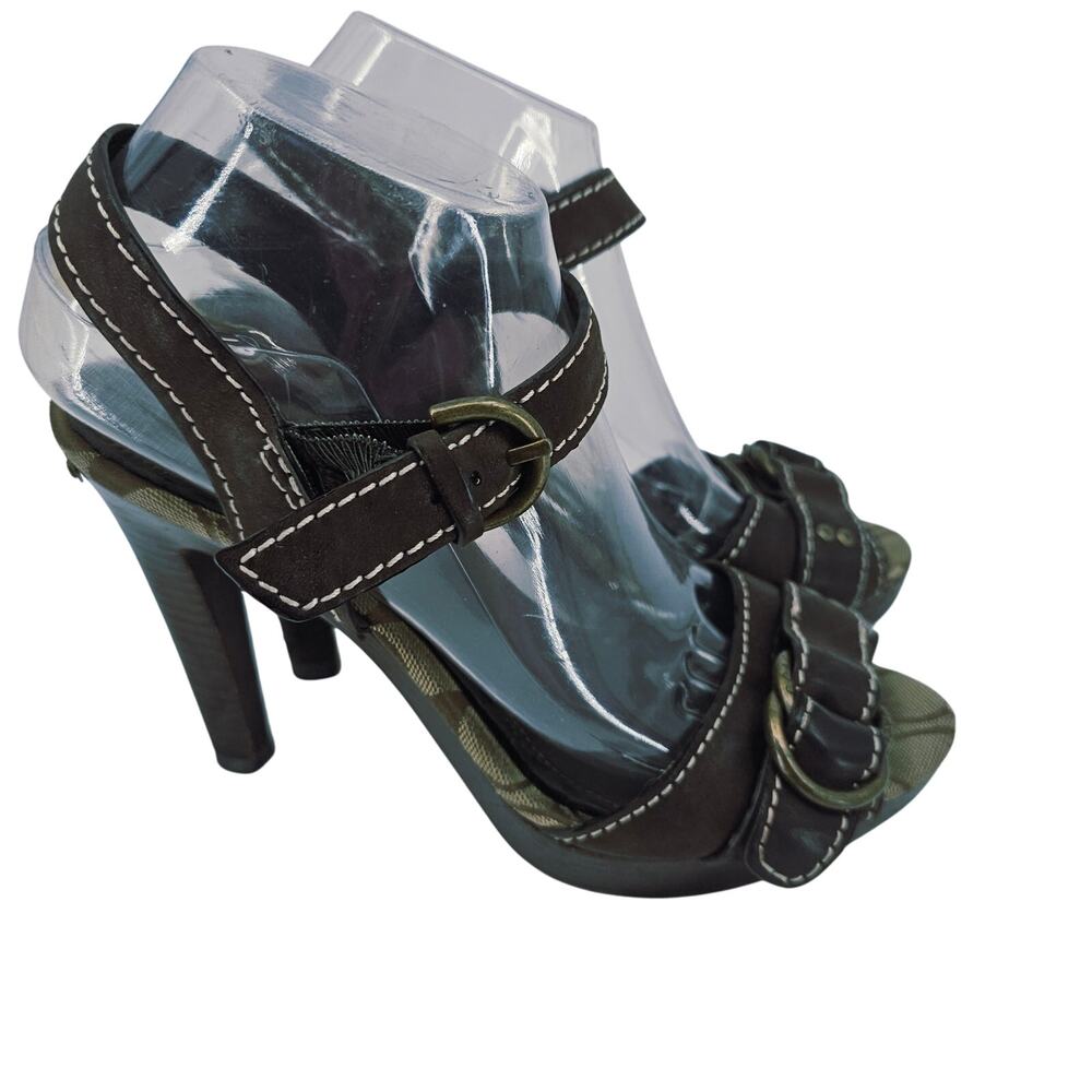 Coach Sheena Brown Leather & Wood Open Toe Heeled Platform Sandal Women's 8 B